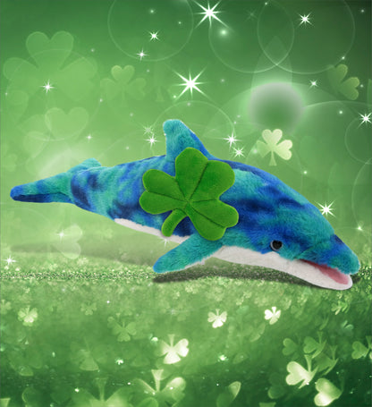 DolliBu Blue Tie-Dye Dolphin Stuffed Animal with Green Plush Shamrock - 18 Inch