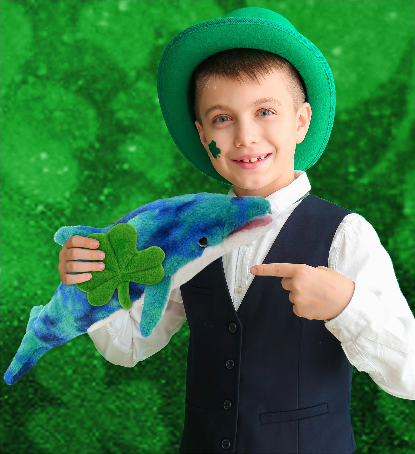 DolliBu Blue Tie-Dye Dolphin Stuffed Animal with Green Plush Shamrock - 18 Inch