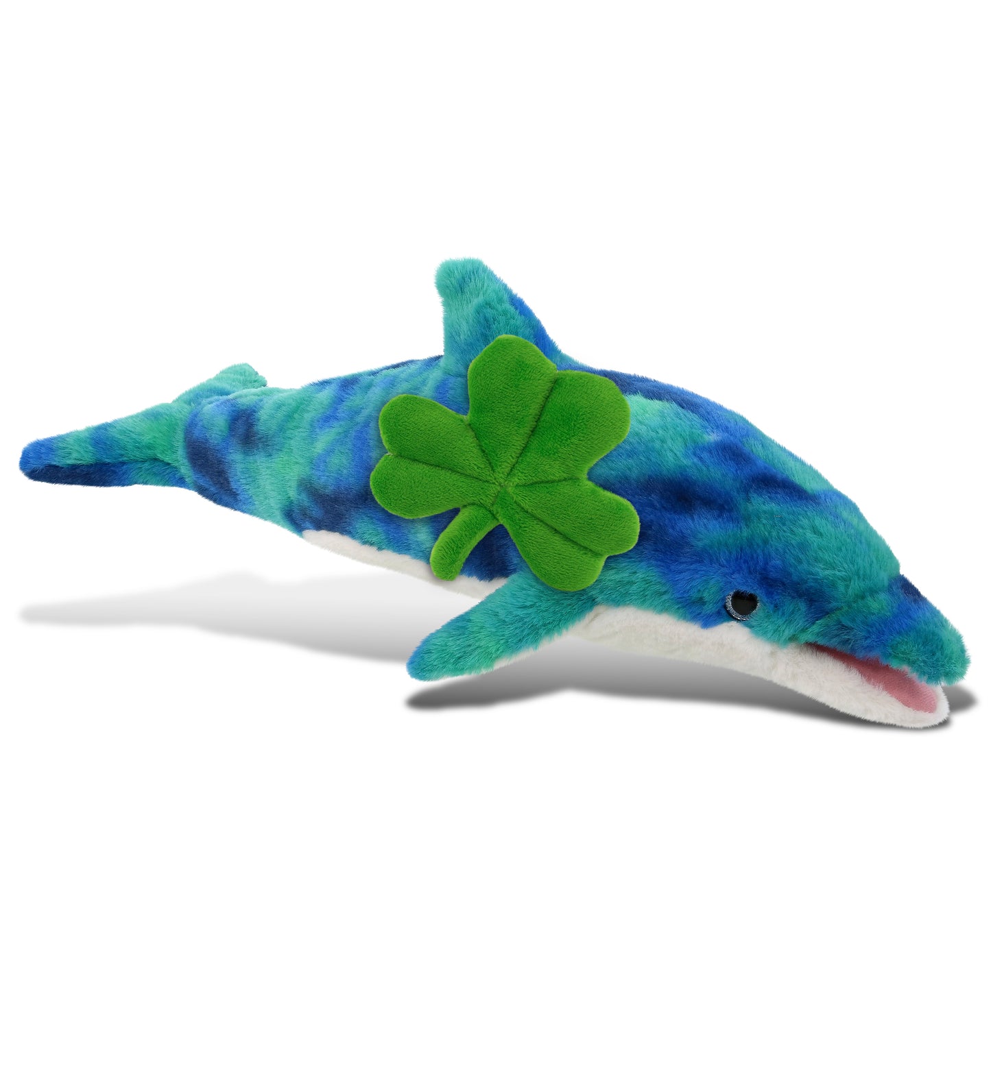 DolliBu Blue Tie-Dye Dolphin Stuffed Animal with Green Plush Shamrock - 18 Inch