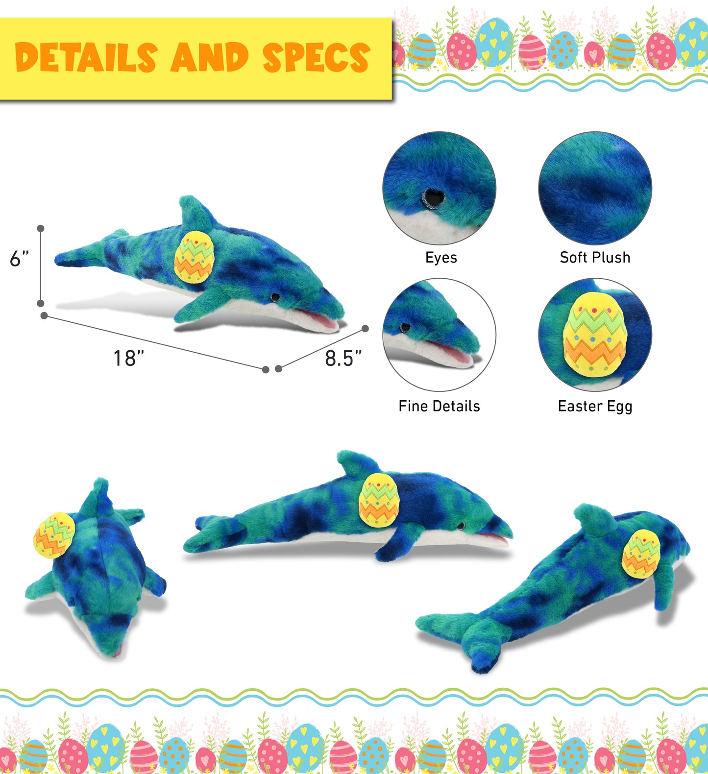 DolliBu Super Soft Blue Tie-Dye Dolphin with Yellow Easter Egg Plush - 18 Inch