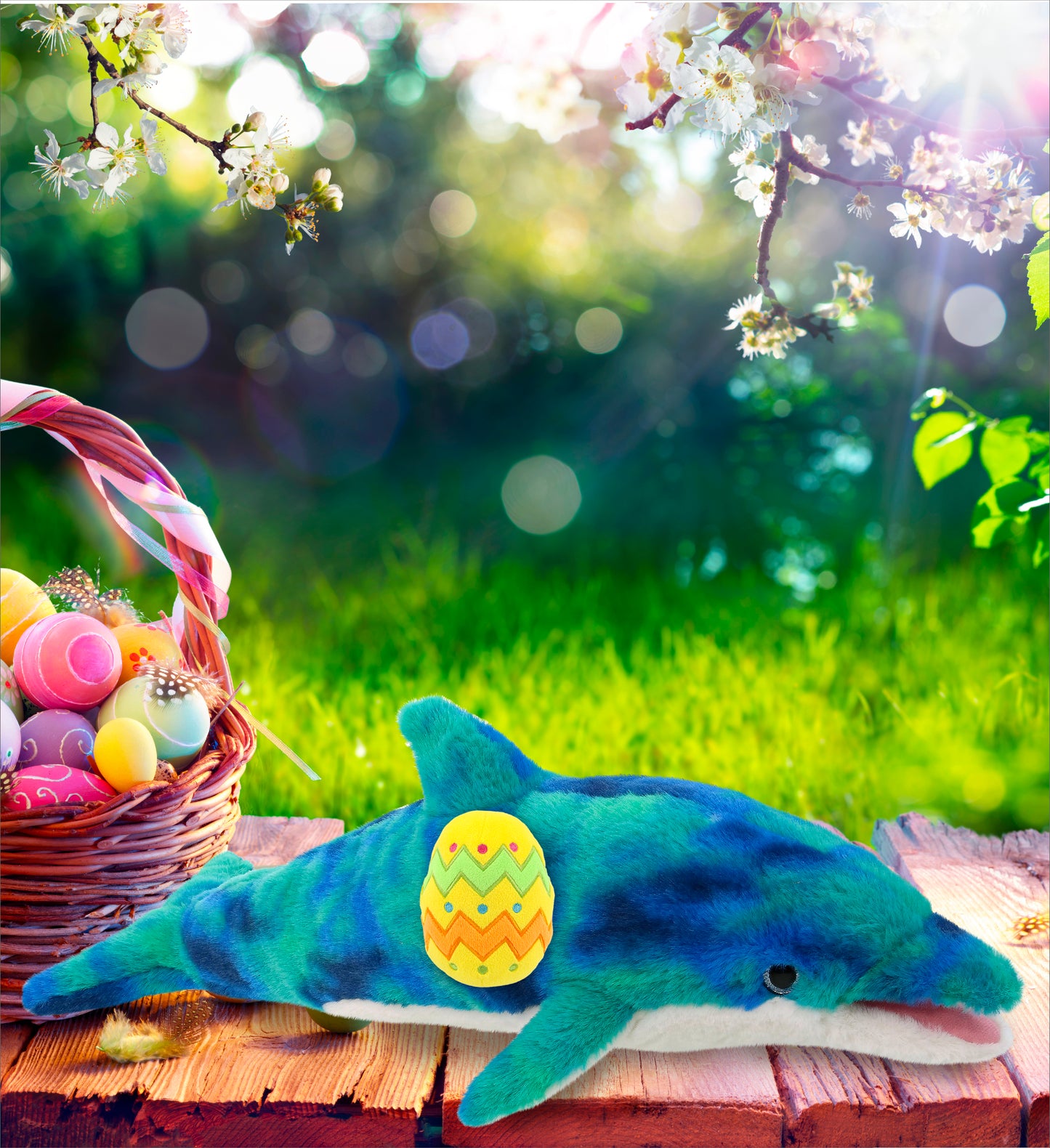 DolliBu Super Soft Blue Tie-Dye Dolphin with Yellow Easter Egg Plush - 18 Inch