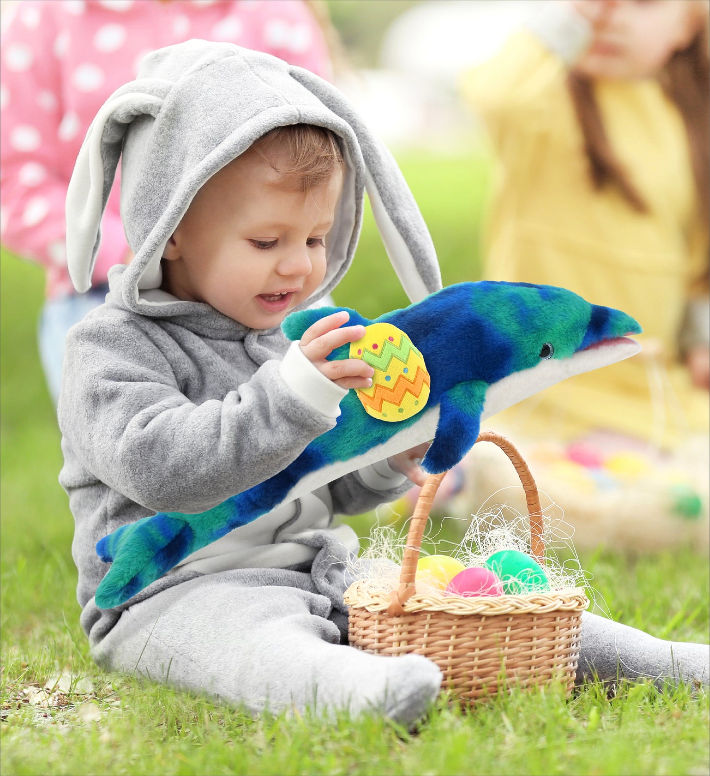 DolliBu Super Soft Blue Tie-Dye Dolphin with Yellow Easter Egg Plush - 18 Inch