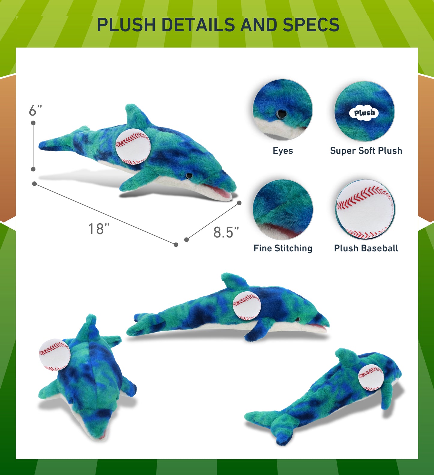 SUPER-SOFT PLUSH - BLUE TIE-DYE DOLPHIN 18" WITH BASEBALL PLUSH