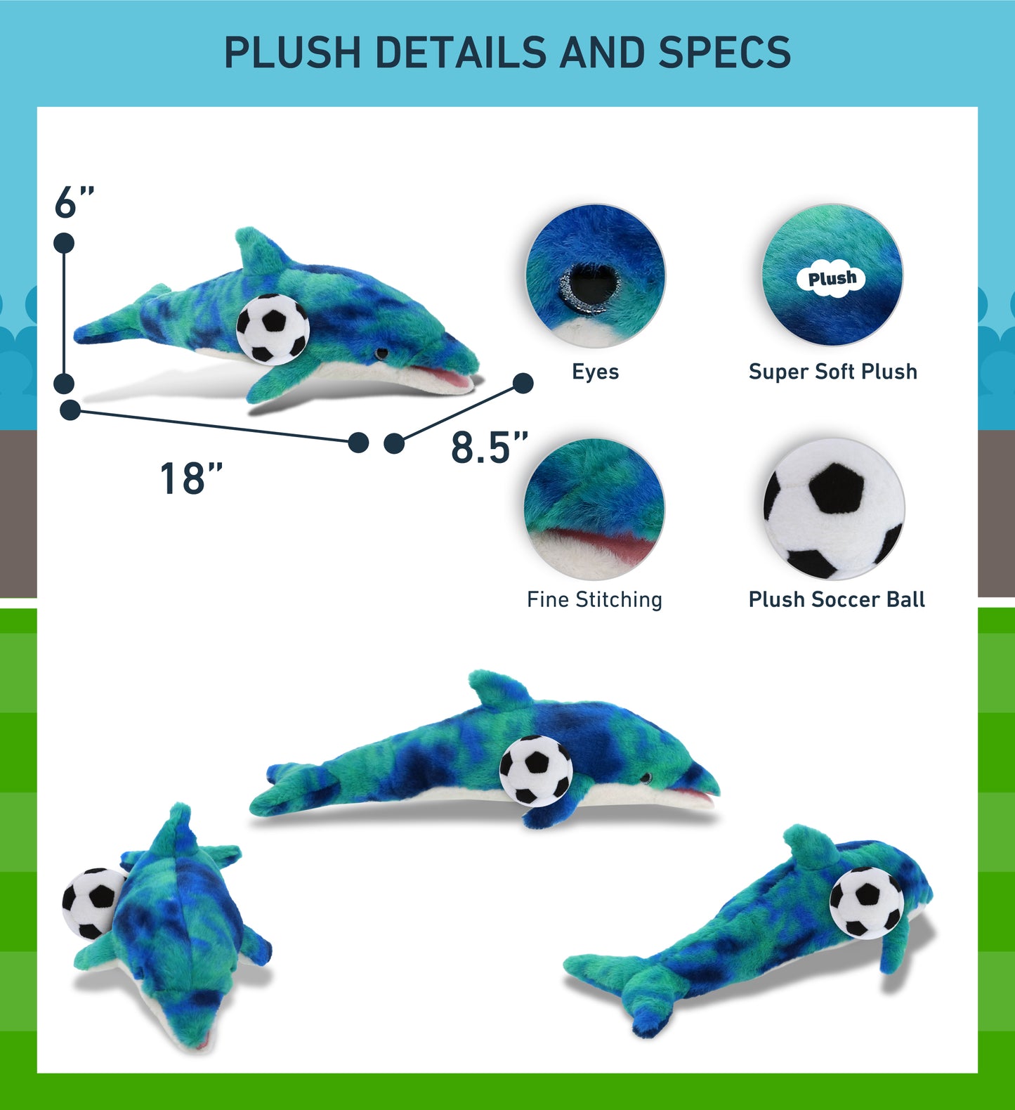 SUPER-SOFT PLUSH - BLUE TIE-DYE DOLPHIN 18" WITH SOCCER PLUSH