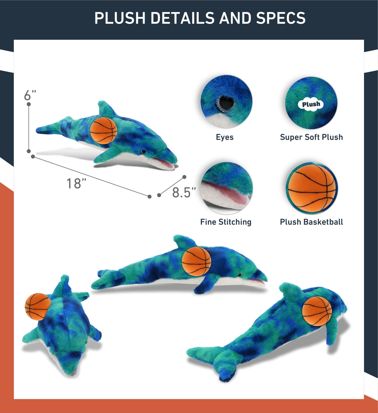 SUPER-SOFT PLUSH - BLUE TIE-DYE DOLPHIN 18" WITH BASKETBALL PLUSH