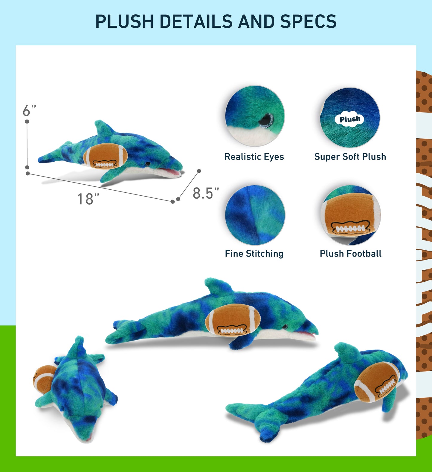 SUPER-SOFT PLUSH - BLUE TIE-DYE DOLPHIN 18" WITH FOOTBALL PLUSH