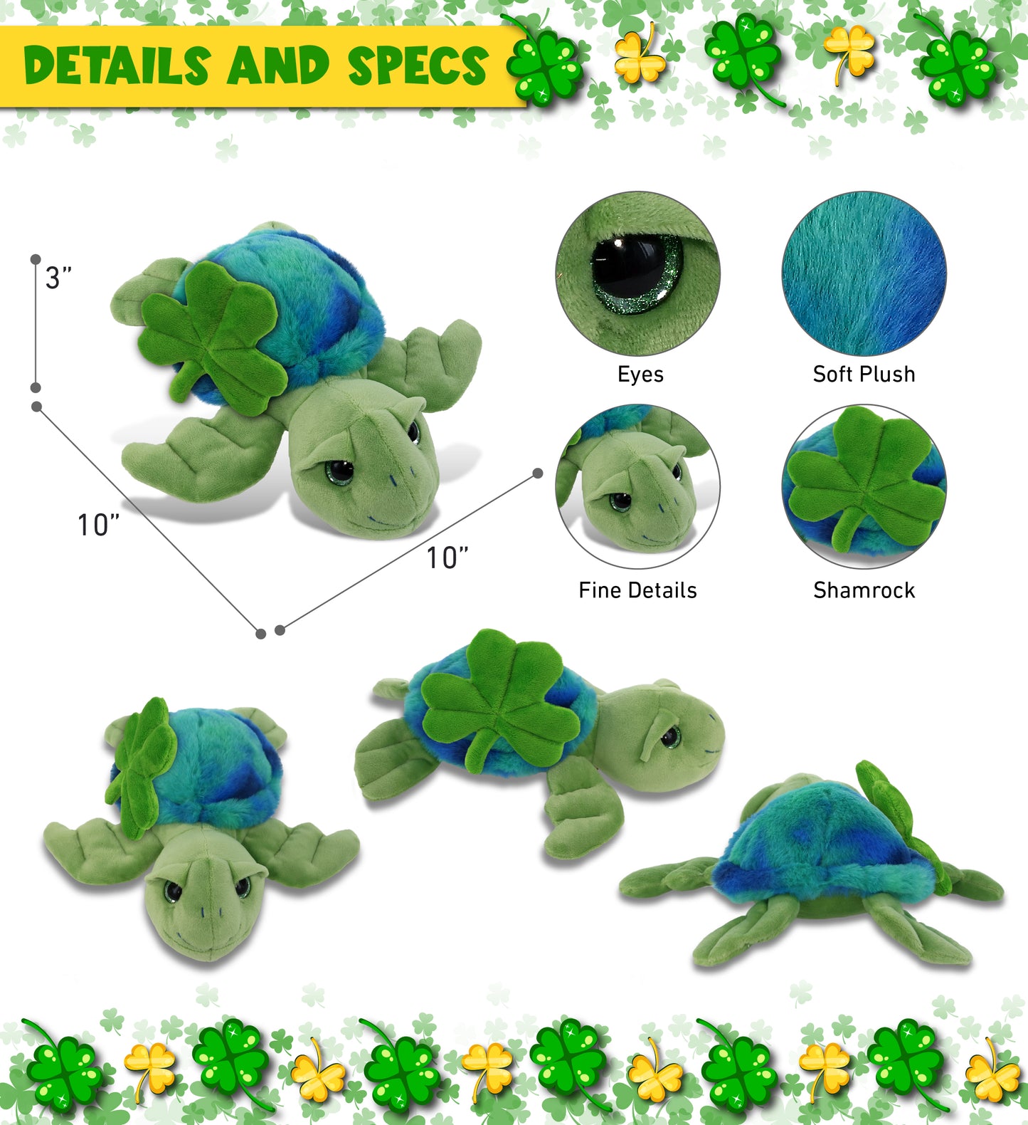 DolliBu Blue Tie-Dye Green Sea Turtle Plush with Green Plush Shamrock - 10 Inch