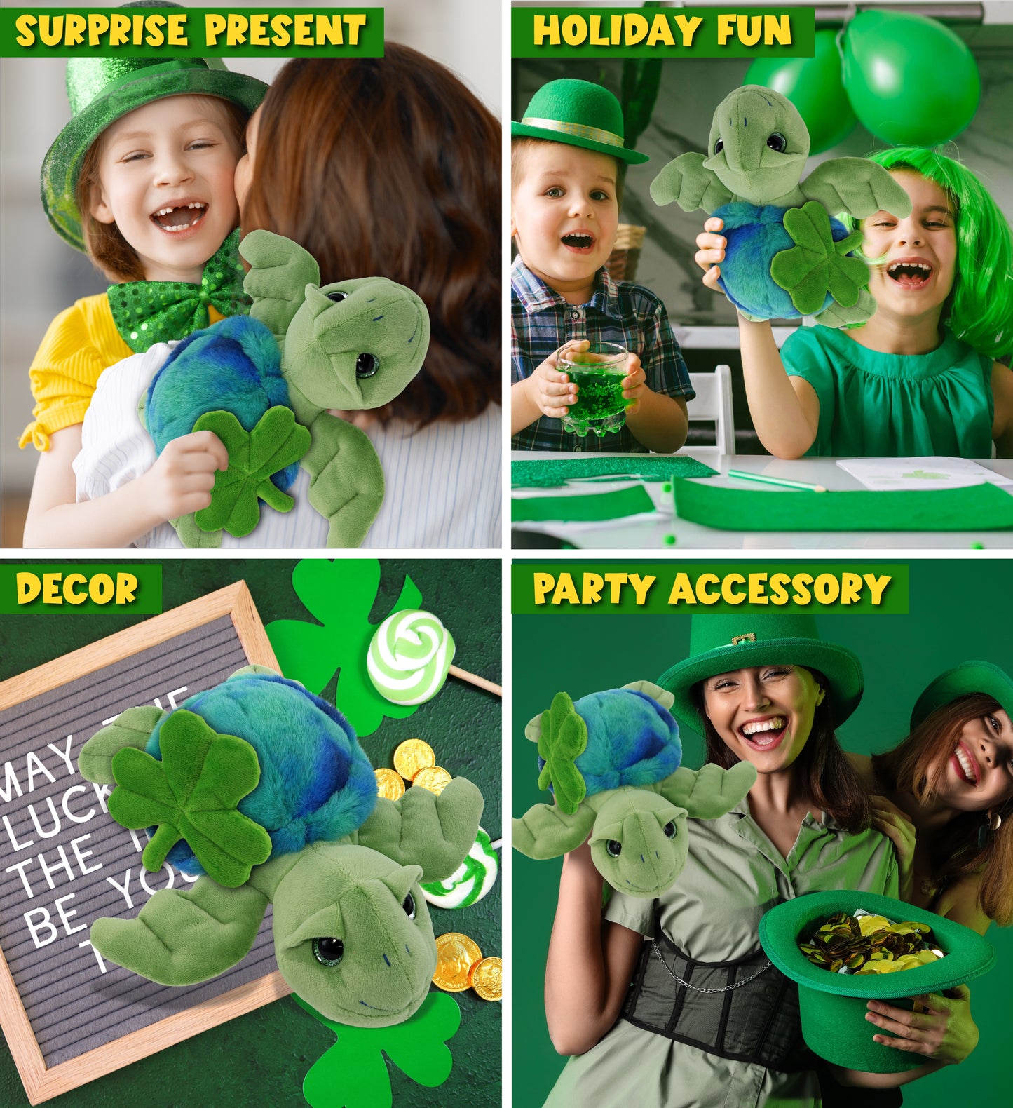 DolliBu Blue Tie-Dye Green Sea Turtle Plush with Green Plush Shamrock - 10 Inch
