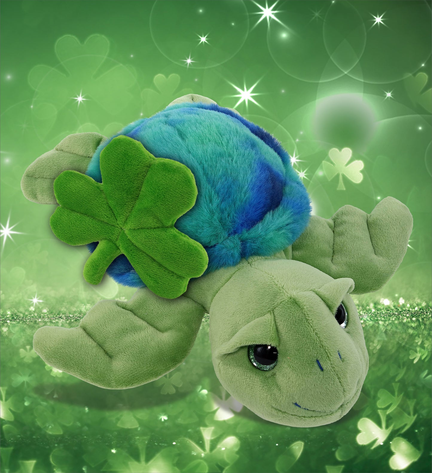 DolliBu Blue Tie-Dye Green Sea Turtle Plush with Green Plush Shamrock - 10 Inch