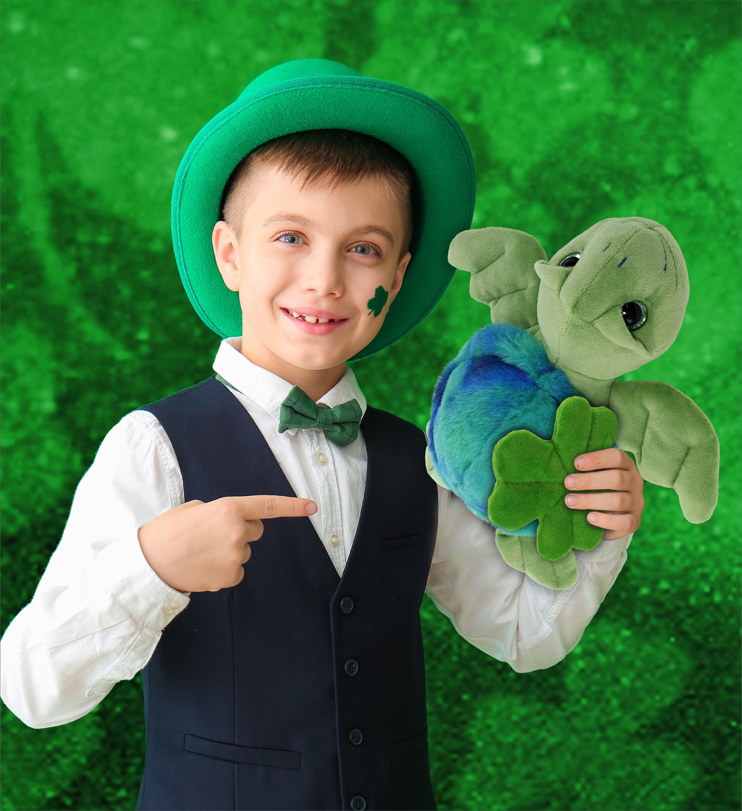 DolliBu Blue Tie-Dye Green Sea Turtle Plush with Green Plush Shamrock - 10 Inch