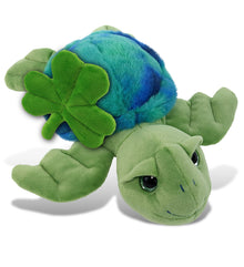 DolliBu Blue Tie-Dye Green Sea Turtle Plush with Green Plush Shamrock - 10 Inch