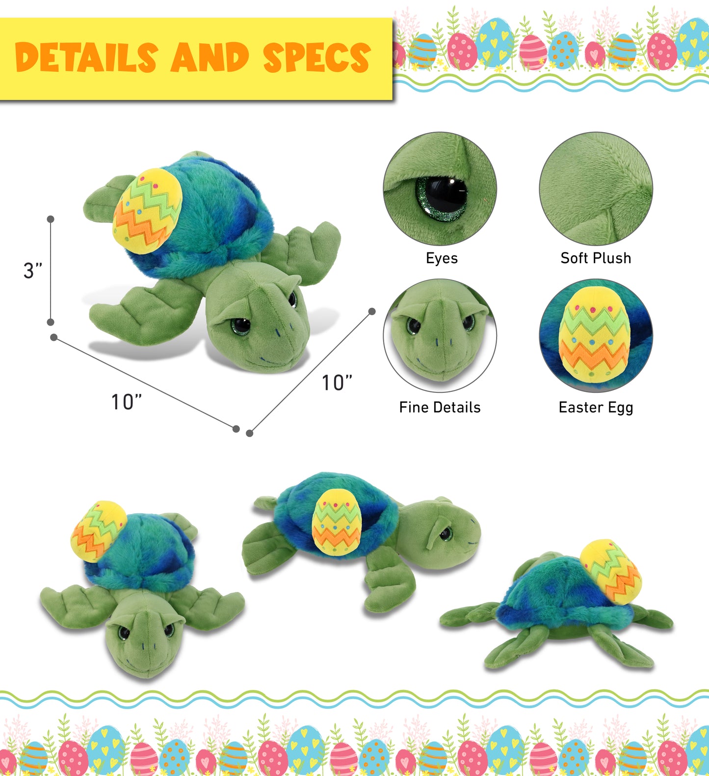 DolliBu Blue Tie-Dye Green Sea Turtle with Yellow Easter Egg Plush - 10 Inches