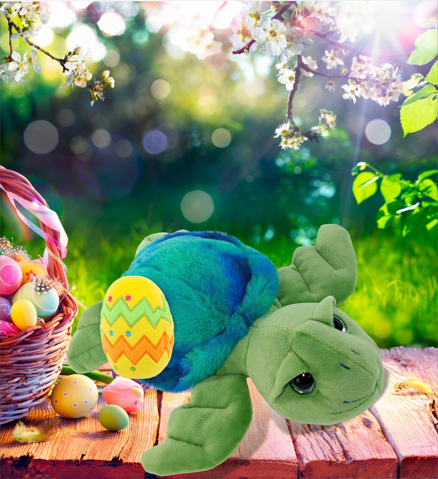 DolliBu Blue Tie-Dye Green Sea Turtle with Yellow Easter Egg Plush - 10 Inches