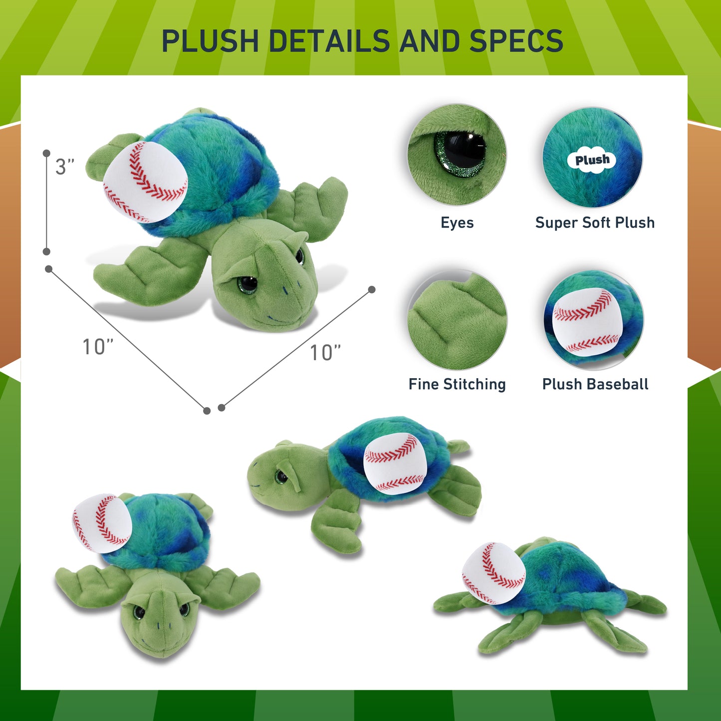 SUPER-SOFT PLUSH - BLUE TIE-DYE GREEN SEA TURTLE10" WITH BASEBALL PLUSH