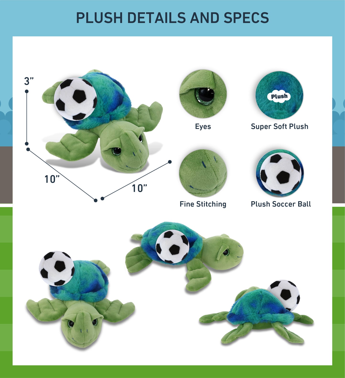 SUPER-SOFT PLUSH - BLUE TIE-DYE GREEN SEA TURTLE10" WITH SOCCER PLUSH