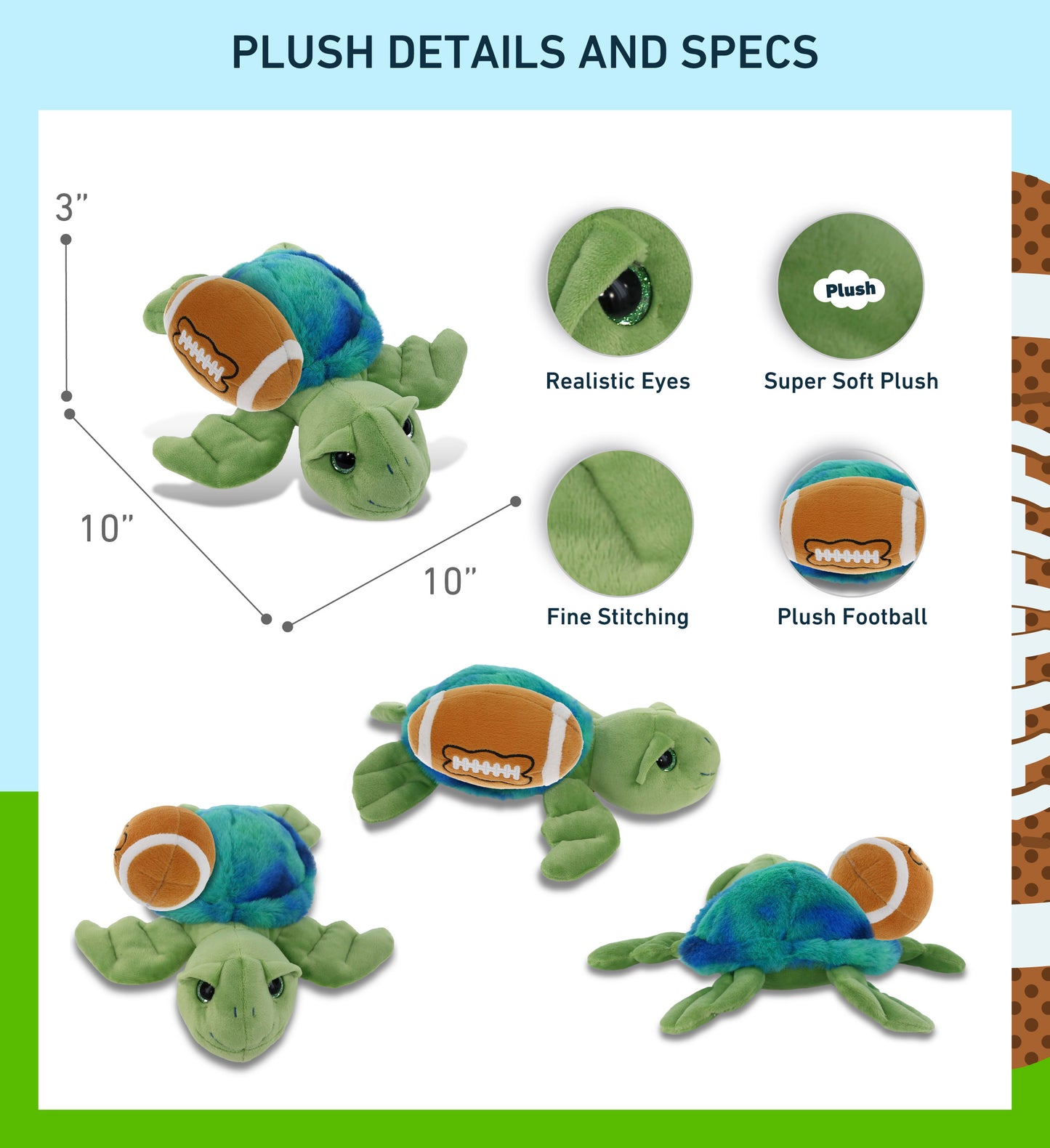 SUPER-SOFT PLUSH - BLUE TIE-DYE GREEN SEA TURTLE10" WITH FOOTBALL PLUSH