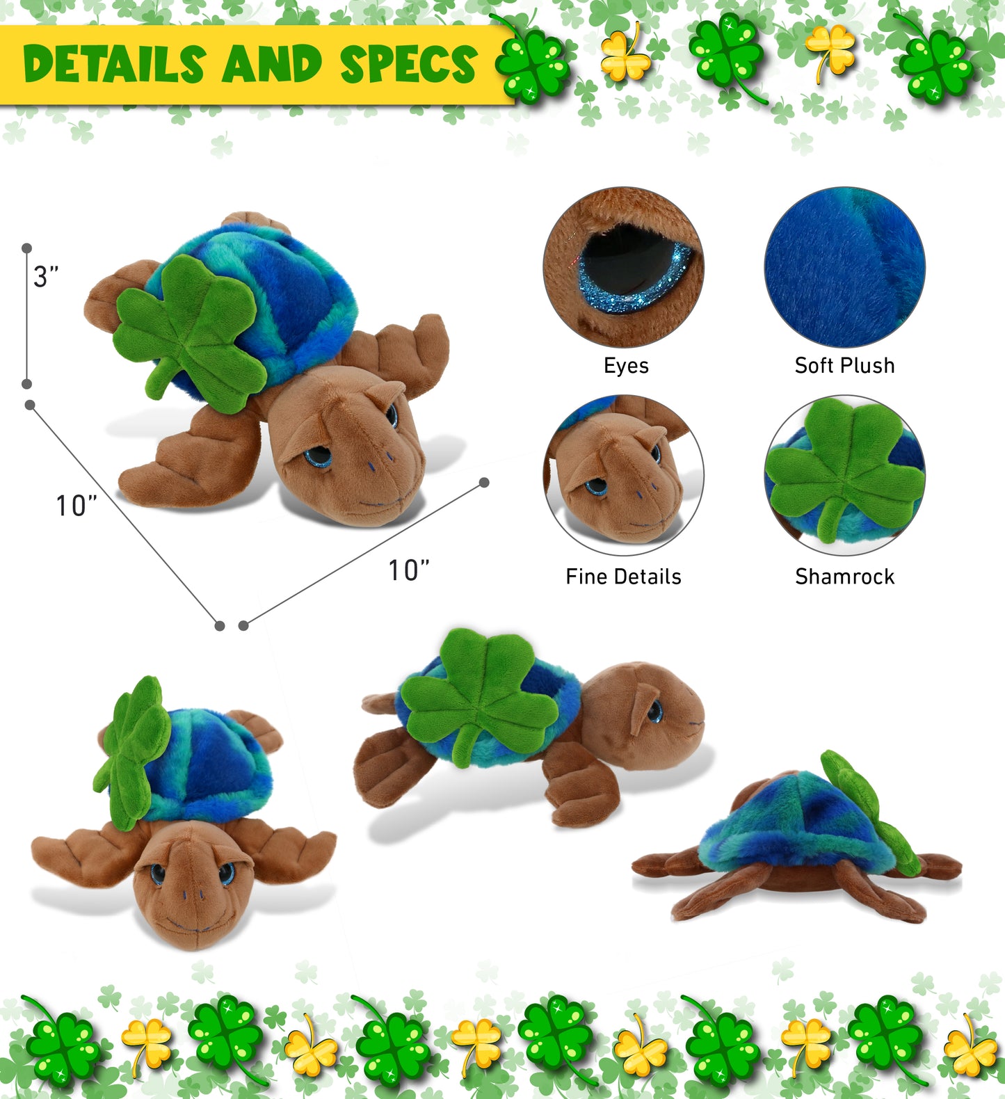 DolliBu Blue Tie-Dye Brown Sea Turtle Plush with Green Plush Shamrock - 10 Inch