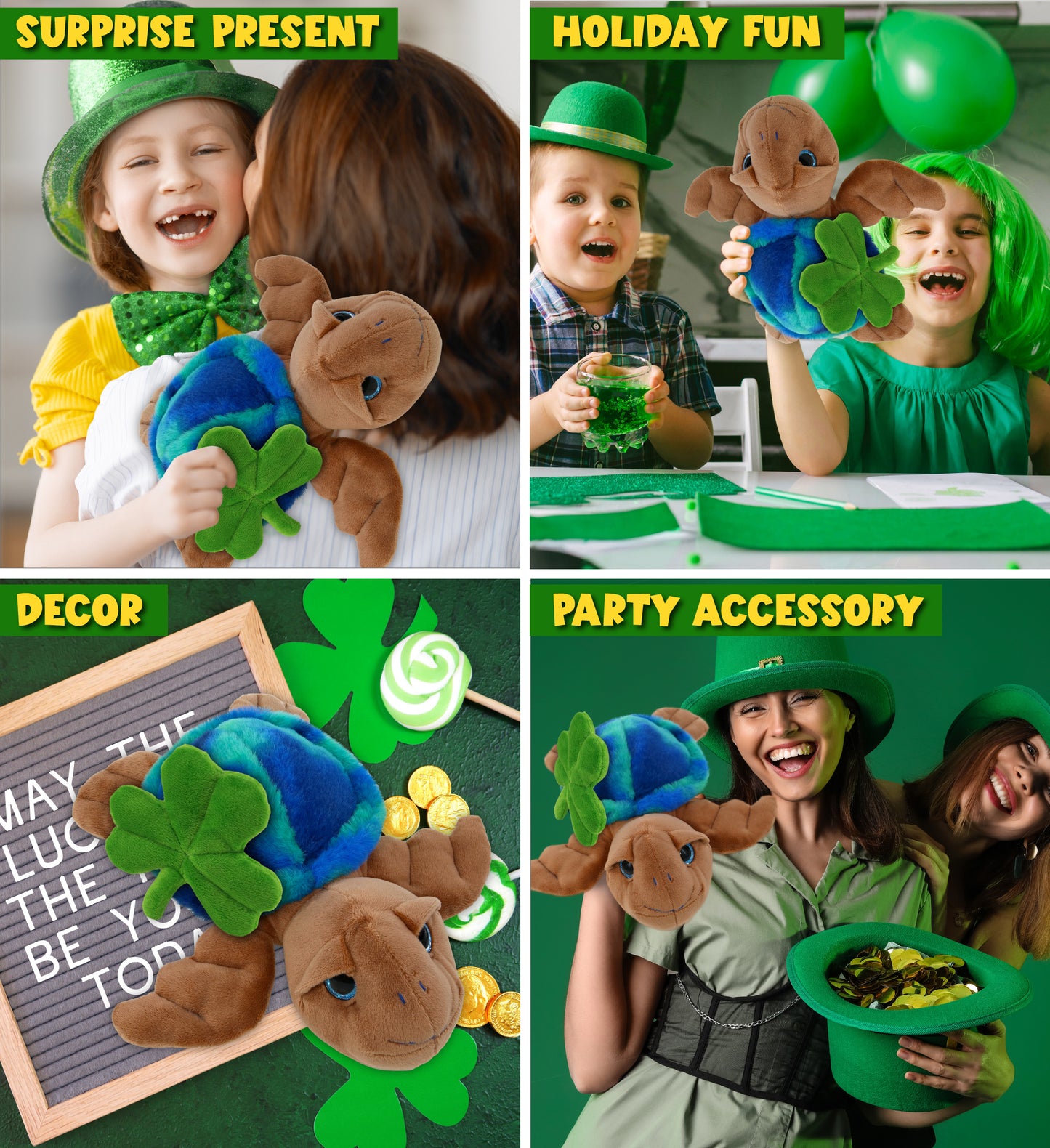 DolliBu Blue Tie-Dye Brown Sea Turtle Plush with Green Plush Shamrock - 10 Inch