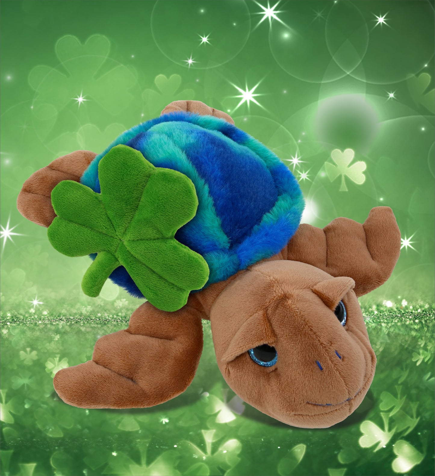 DolliBu Blue Tie-Dye Brown Sea Turtle Plush with Green Plush Shamrock - 10 Inch
