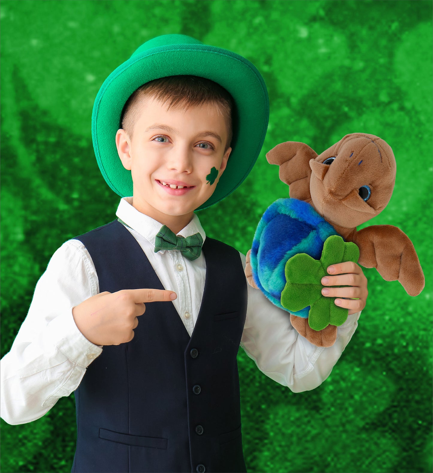 DolliBu Blue Tie-Dye Brown Sea Turtle Plush with Green Plush Shamrock - 10 Inch