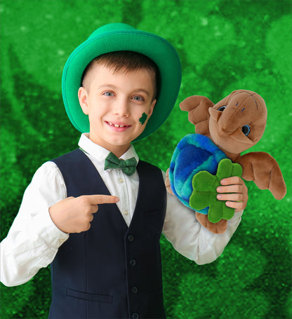 DolliBu Blue Tie-Dye Brown Sea Turtle Plush with Green Plush Shamrock - 10 Inch