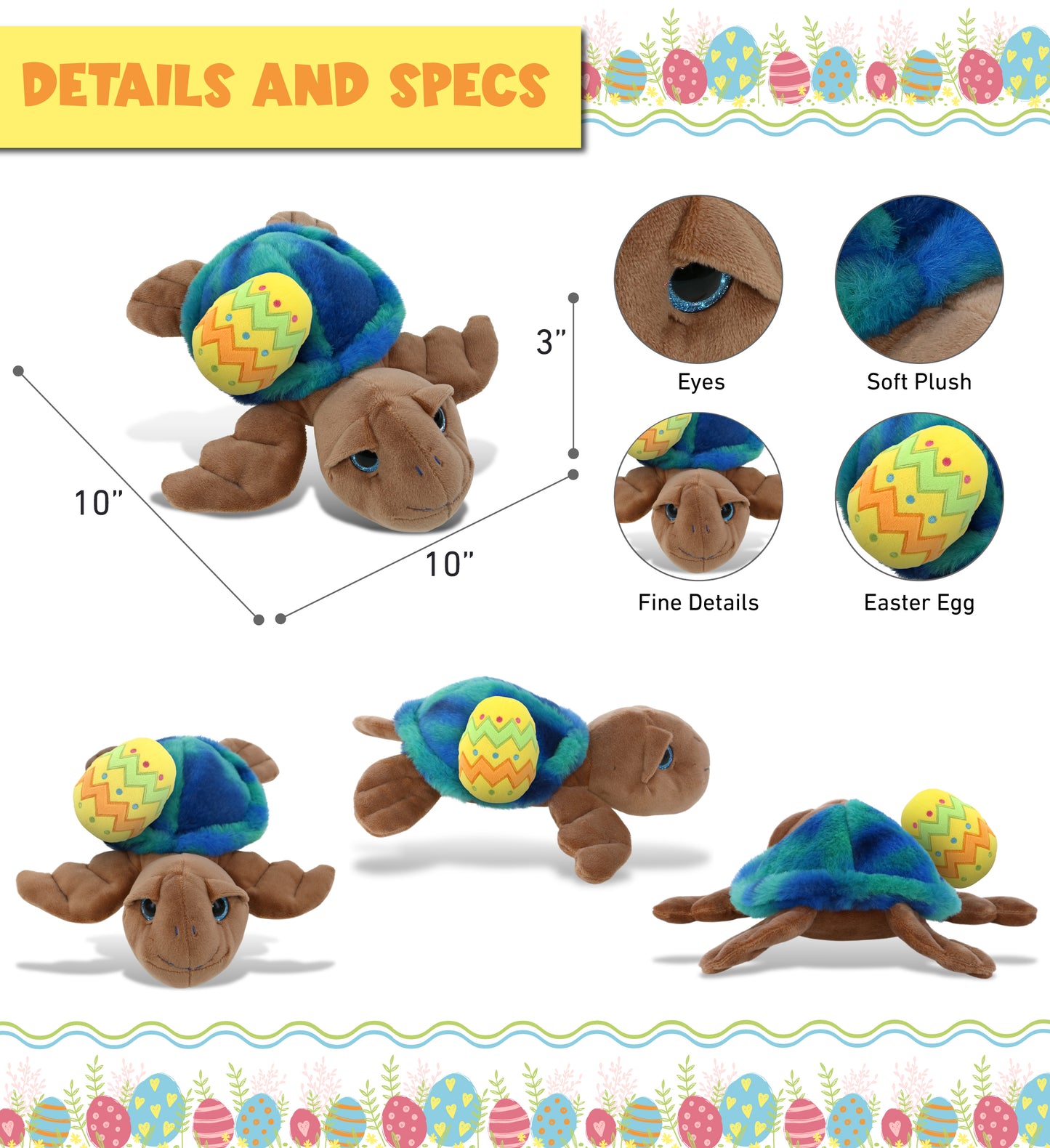 DolliBu Blue Tie-Dye Brown Sea Turtle with Yellow Easter Egg Plush - 10 Inches
