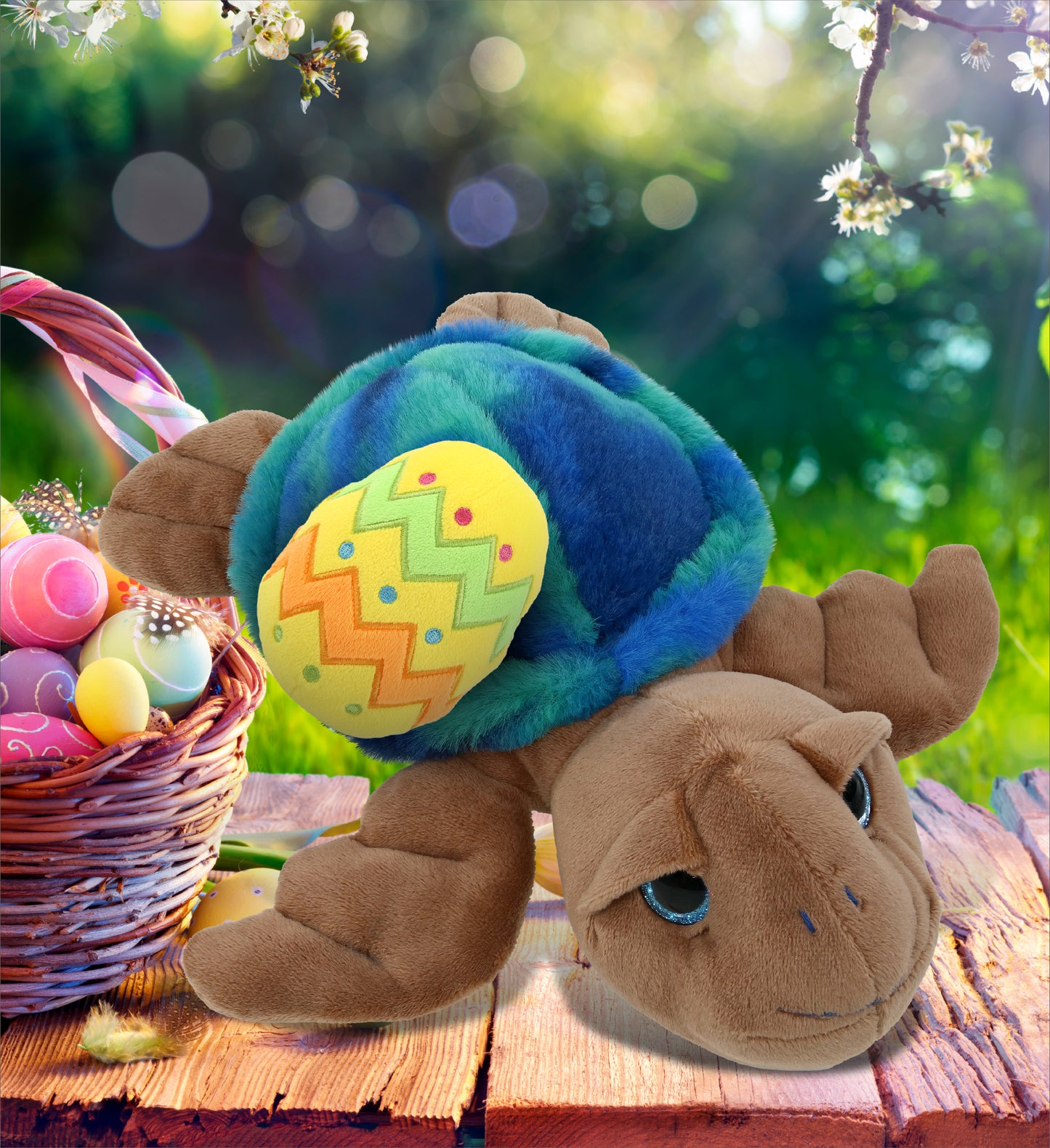 DolliBu Blue Tie-Dye Brown Sea Turtle with Yellow Easter Egg Plush - 10 Inches