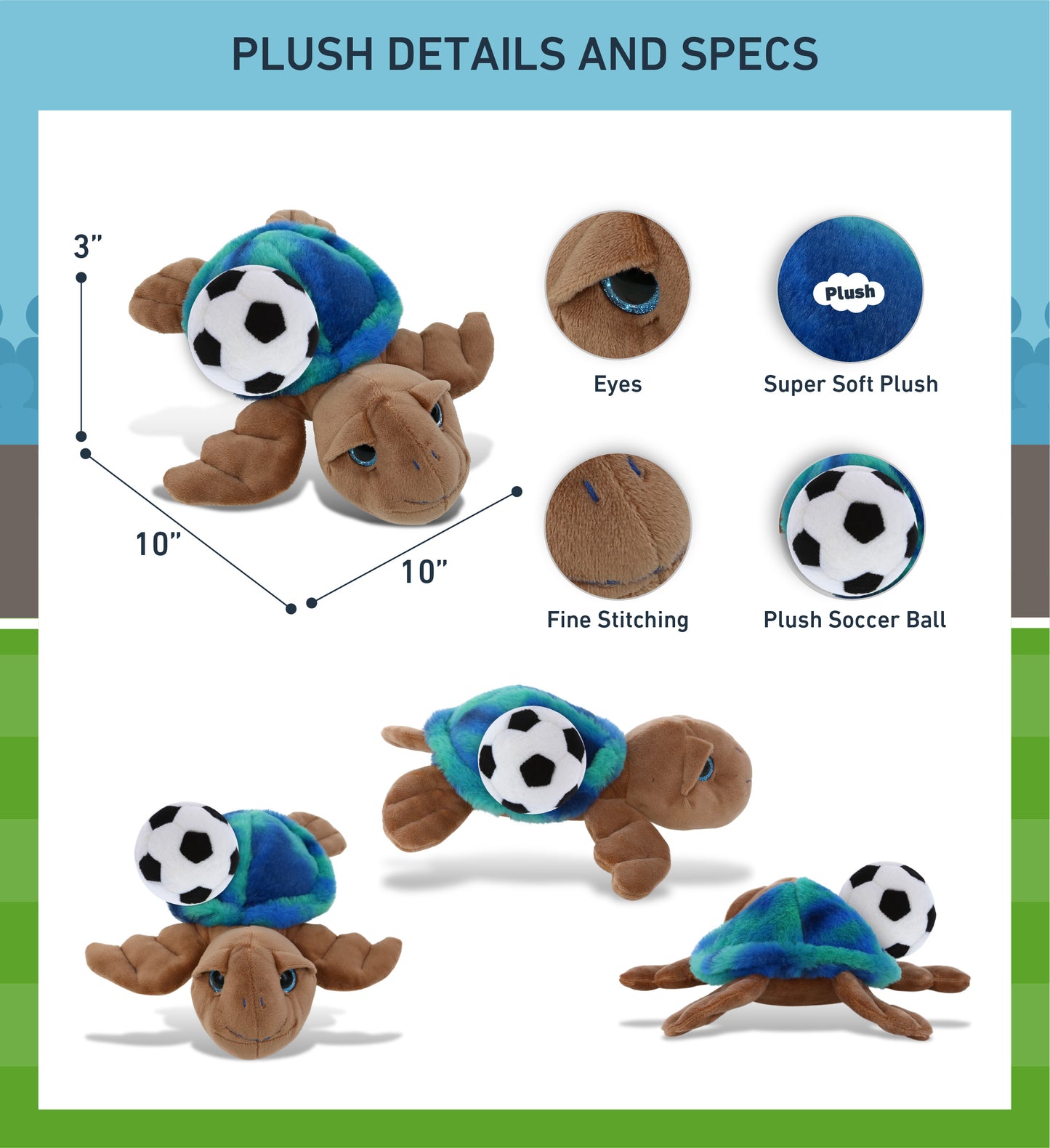 SUPER-SOFT PLUSH - BLUE TIE-DYE BROWN SEA TURTLE10" WITH SOCCER PLUSH
