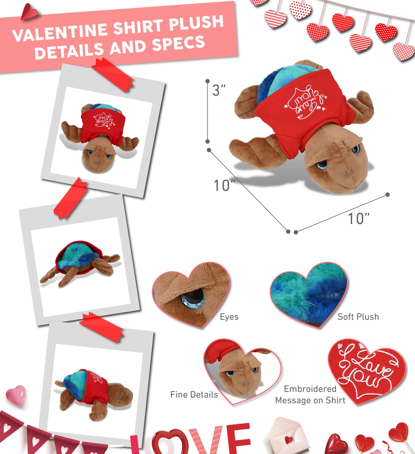 PLUSH I LOVE YOU RED SHIRT- SUPER-SOFT PLUSH - BLUE TIE-DYE BROWN SEA TURTLE10"