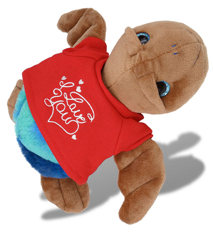 PLUSH I LOVE YOU RED SHIRT- SUPER-SOFT PLUSH - BLUE TIE-DYE BROWN SEA TURTLE10"