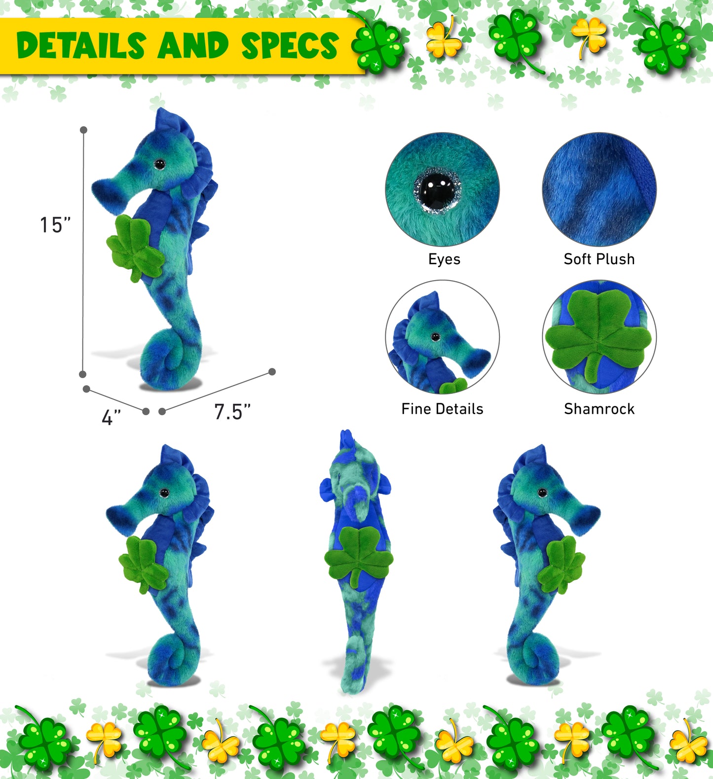 DolliBu Blue Tie-Dye Seahorse Stuffed Animal with Green Plush Shamrock, 15 Inch