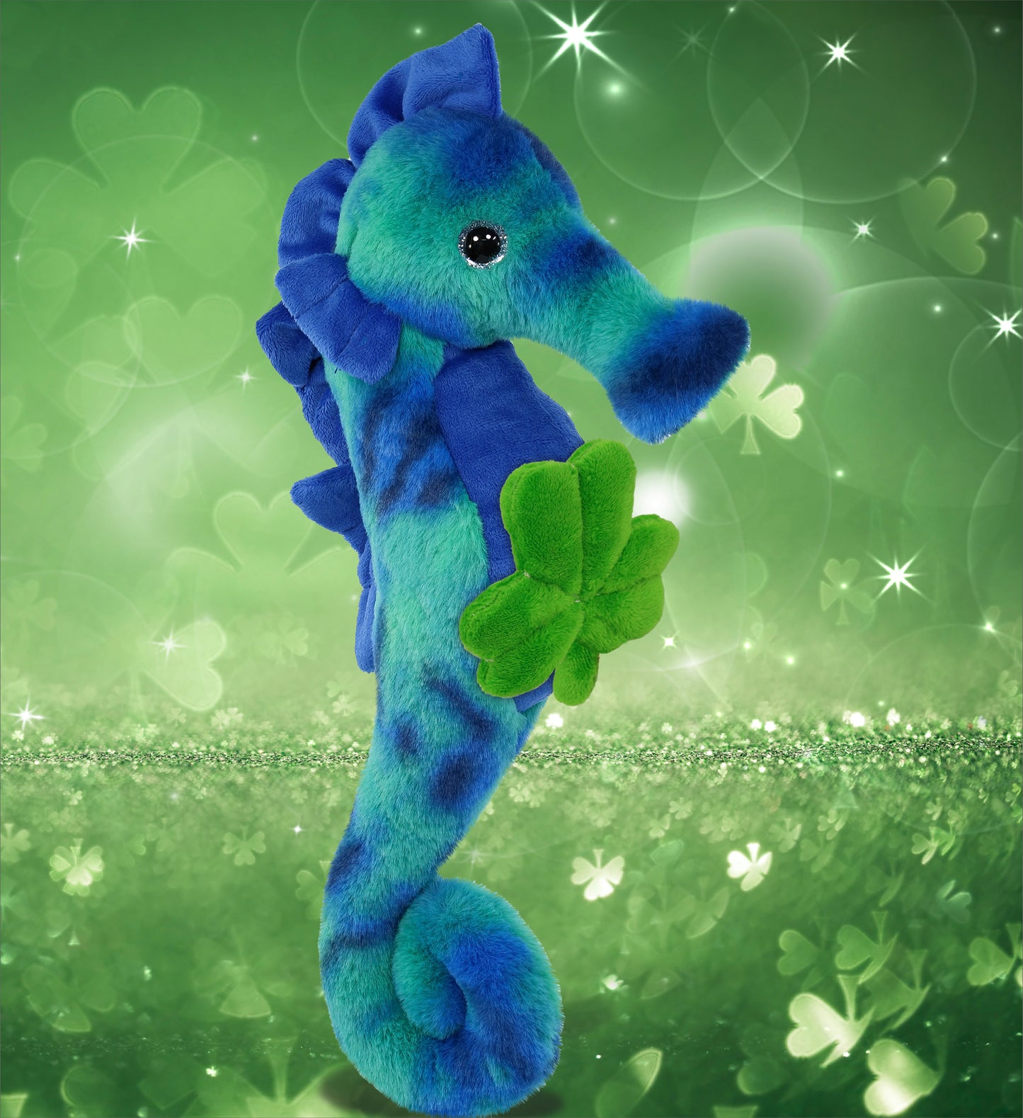 DolliBu Blue Tie-Dye Seahorse Stuffed Animal with Green Plush Shamrock, 15 Inch