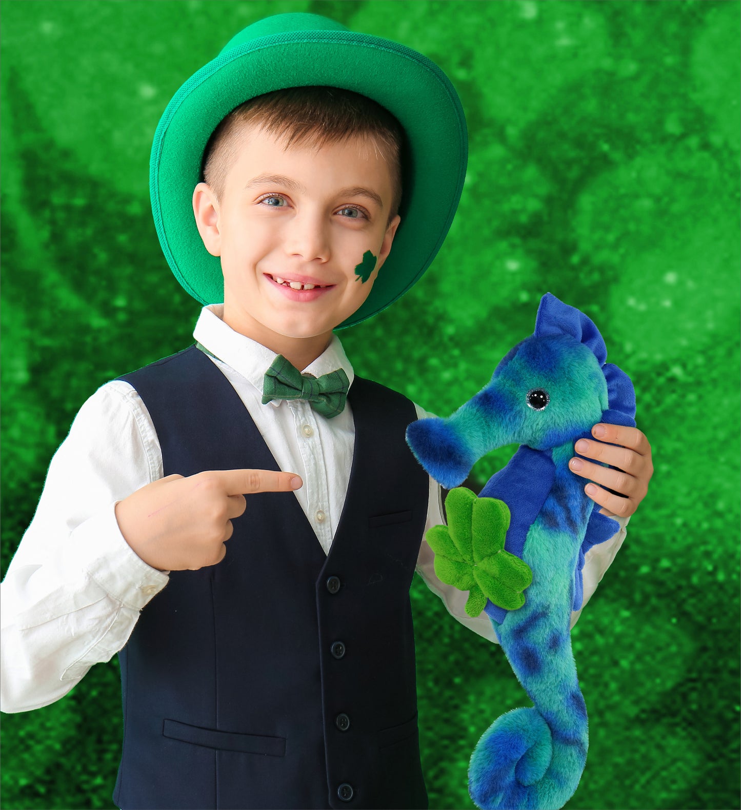 DolliBu Blue Tie-Dye Seahorse Stuffed Animal with Green Plush Shamrock, 15 Inch