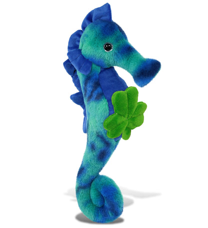 DolliBu Blue Tie-Dye Seahorse Stuffed Animal with Green Plush Shamrock, 15 Inch
