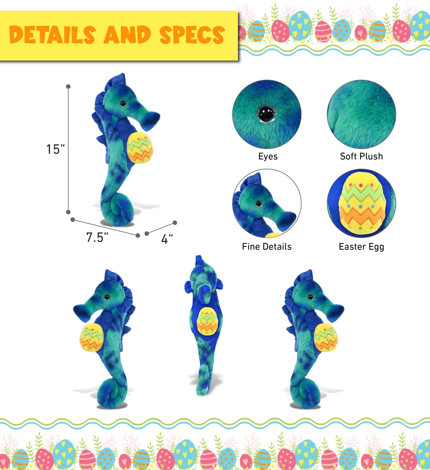 DolliBu Cute Blue Tie-Dye Seahorse with Yellow Easter Egg Plush - 15 Inches