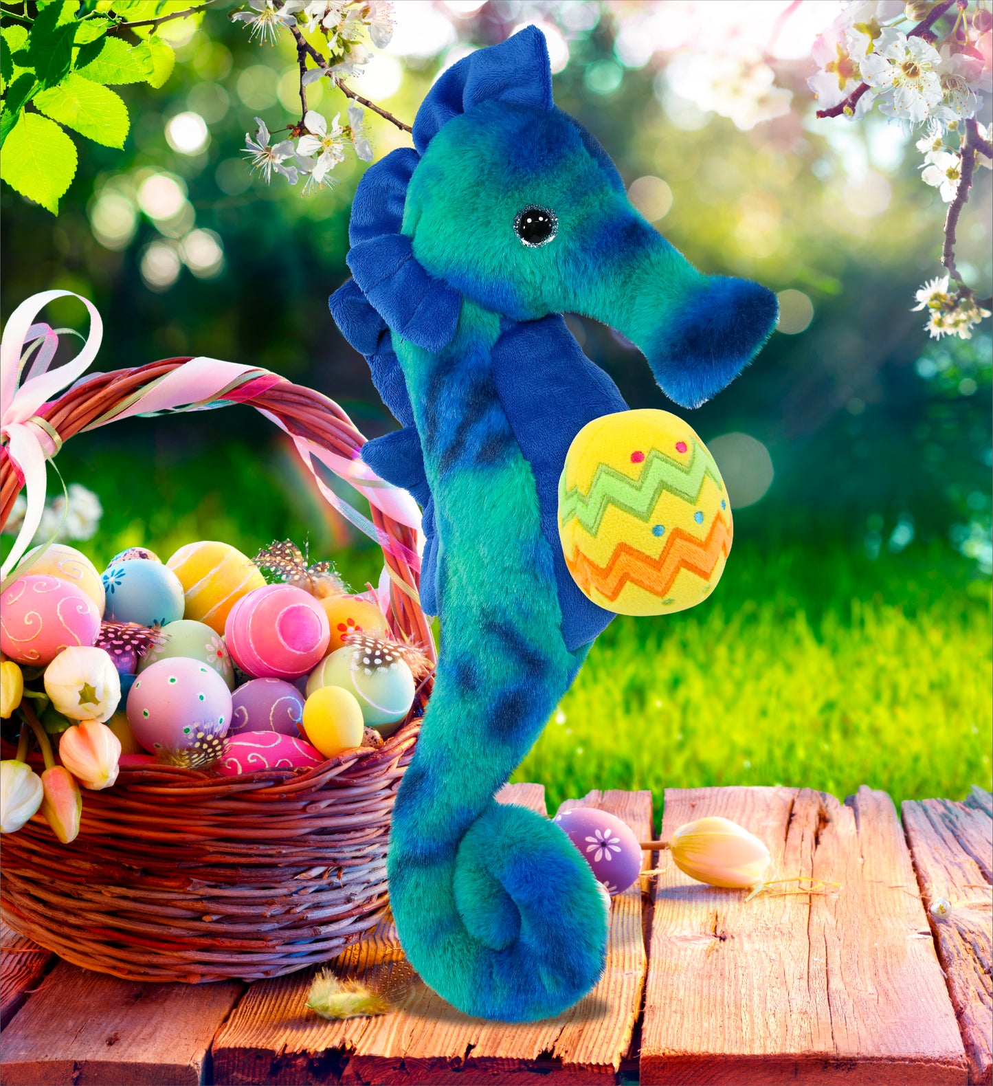 DolliBu Cute Blue Tie-Dye Seahorse with Yellow Easter Egg Plush - 15 Inches