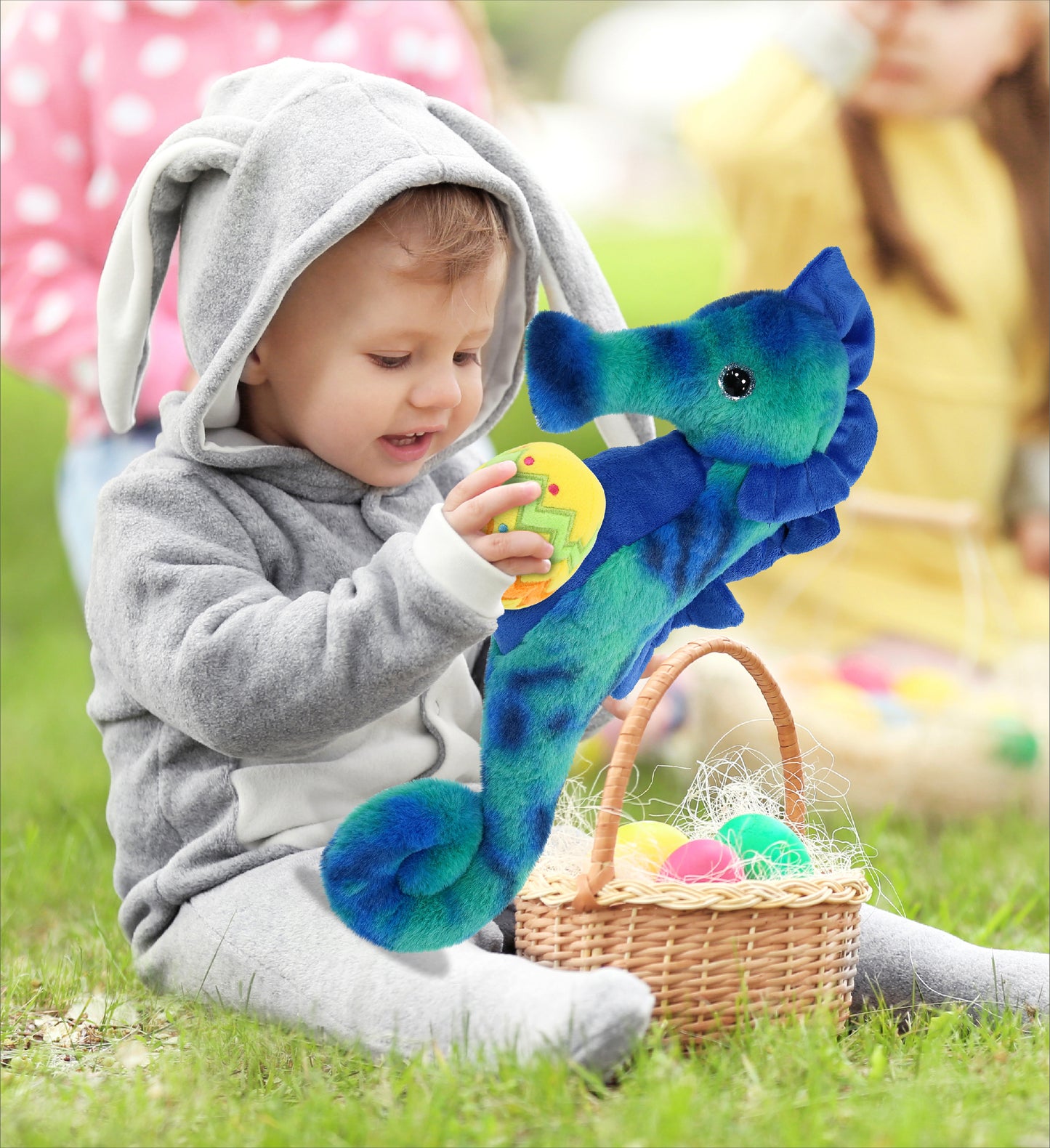 DolliBu Cute Blue Tie-Dye Seahorse with Yellow Easter Egg Plush - 15 Inches