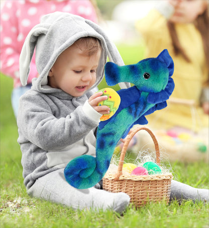 DolliBu Cute Blue Tie-Dye Seahorse with Yellow Easter Egg Plush - 15 Inches