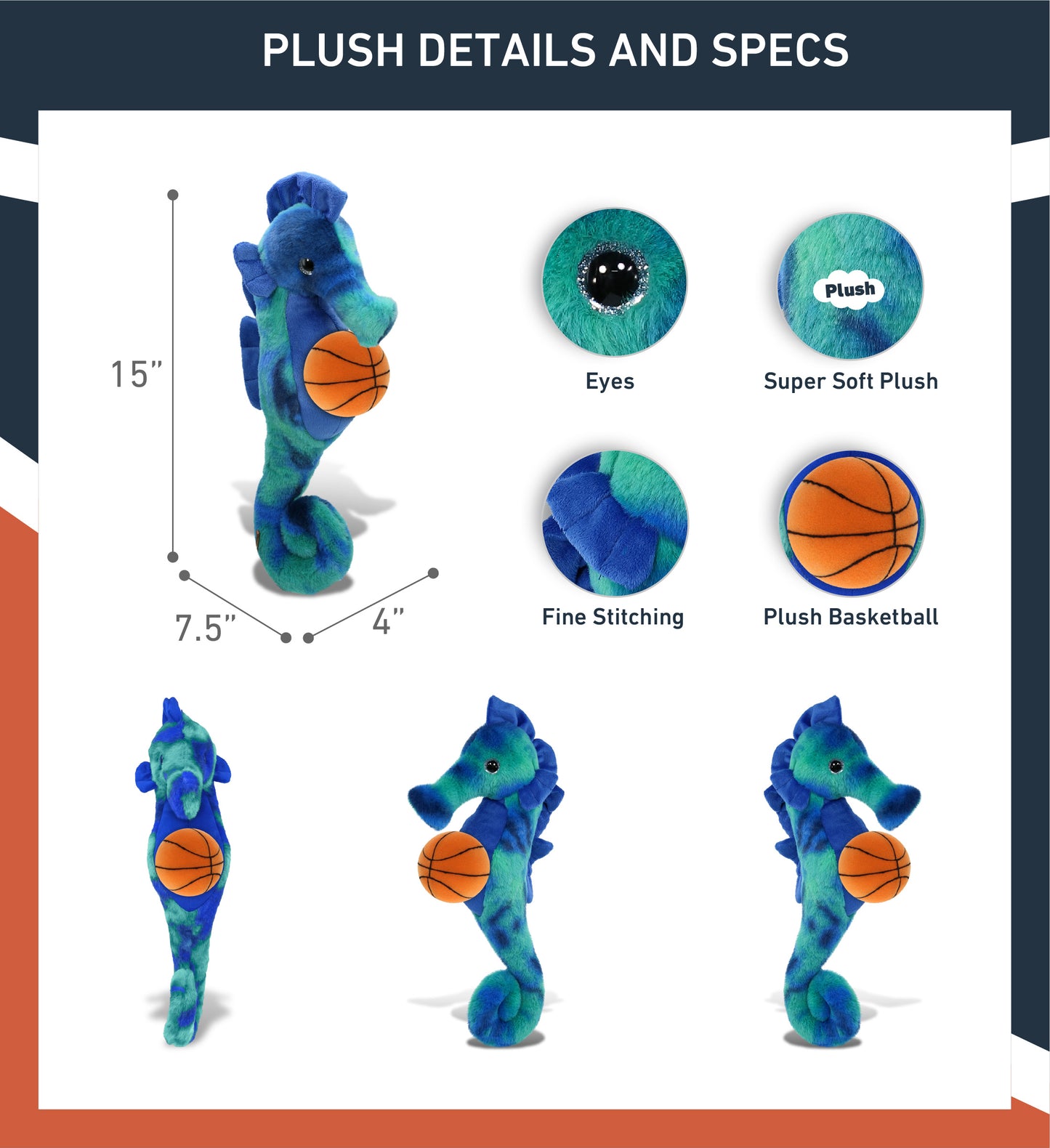 SUPER-SOFT PLUSH - BLUE TIE-DYE SEAHORSE 15" WITH BASKETBALL PLUSH