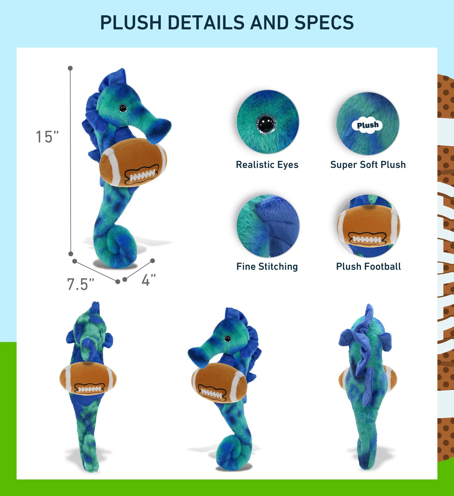 SUPER-SOFT PLUSH - BLUE TIE-DYE SEAHORSE 15" WITH FOOTBALL PLUSH