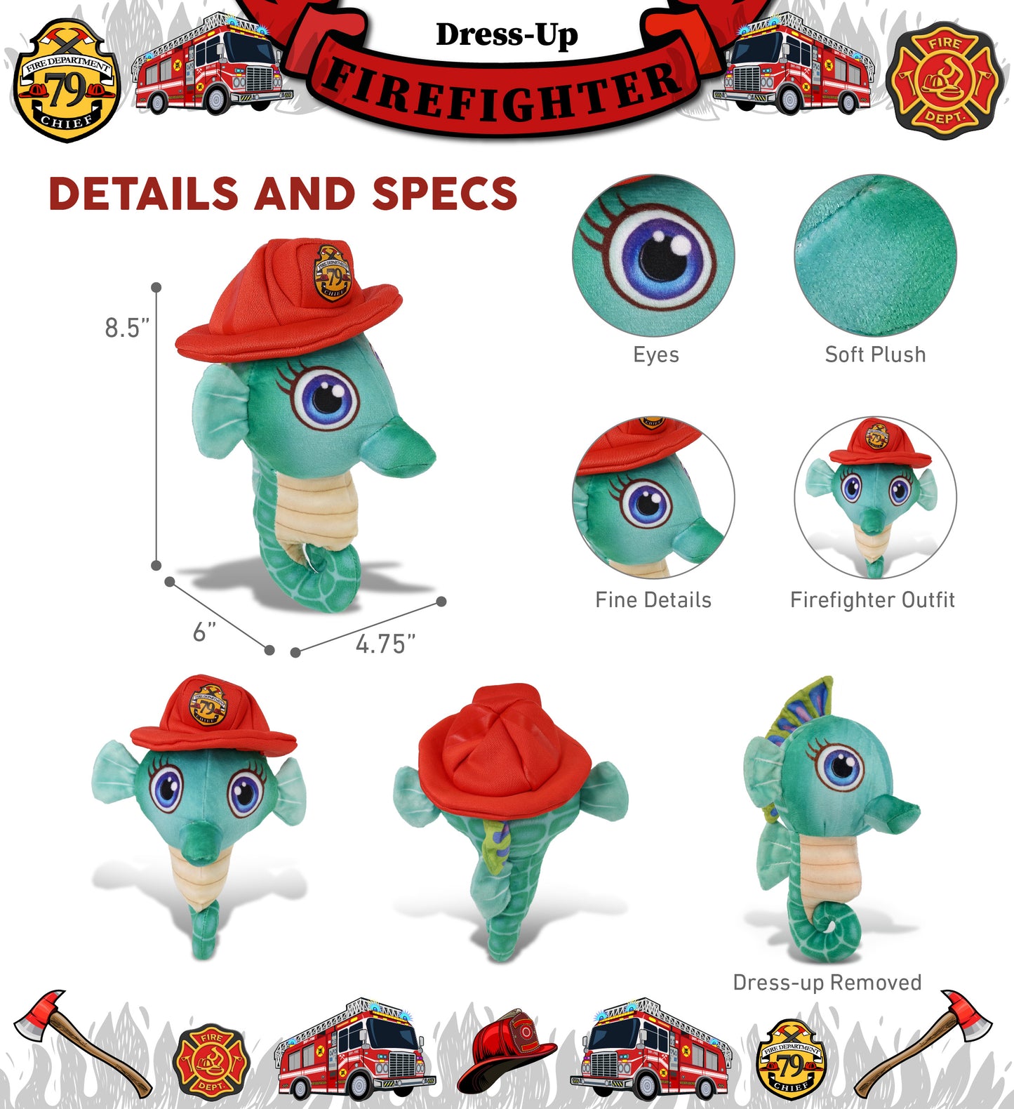 PLUSH BUDDIES - GREEN SEAHORSE WITH FIREMAN DRESS UP