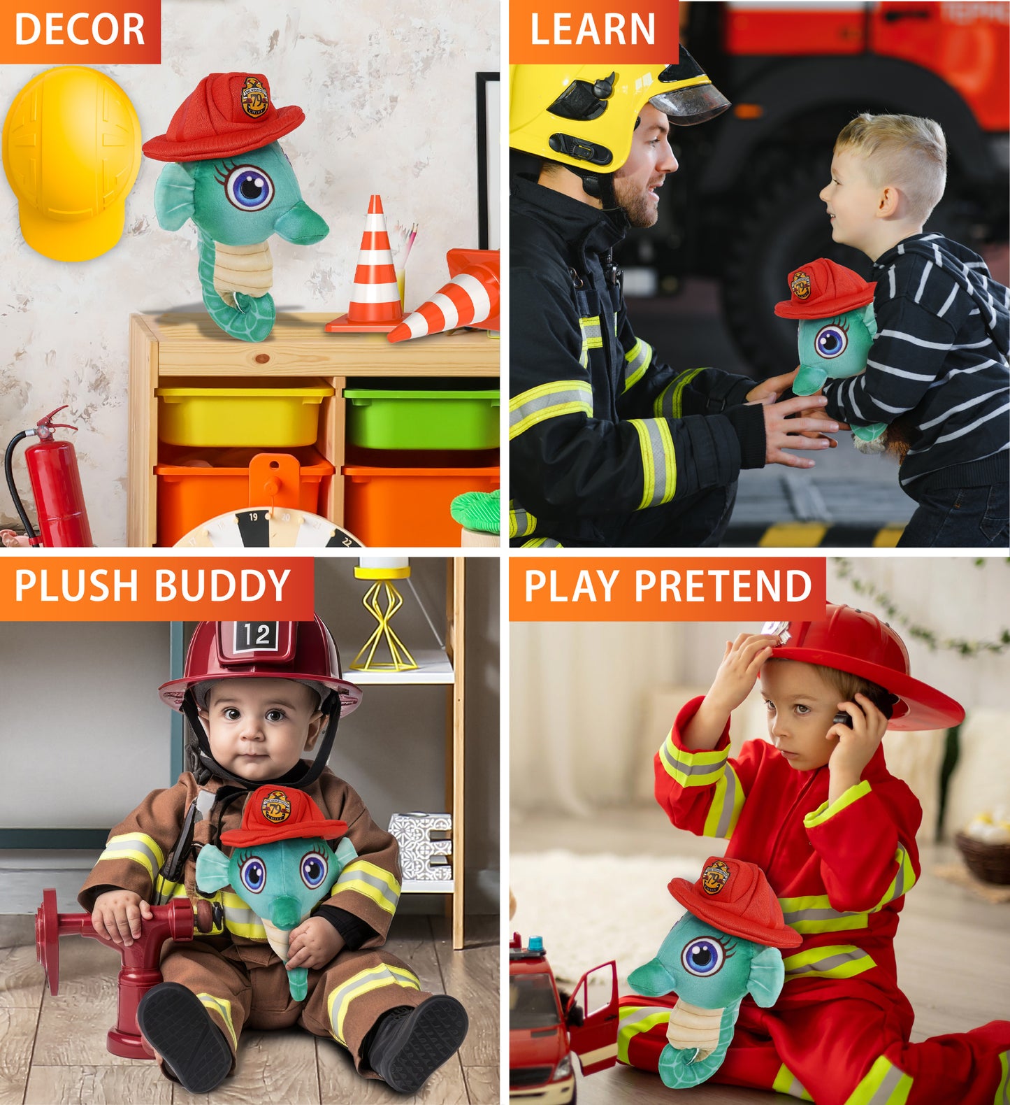 PLUSH BUDDIES - GREEN SEAHORSE WITH FIREMAN DRESS UP