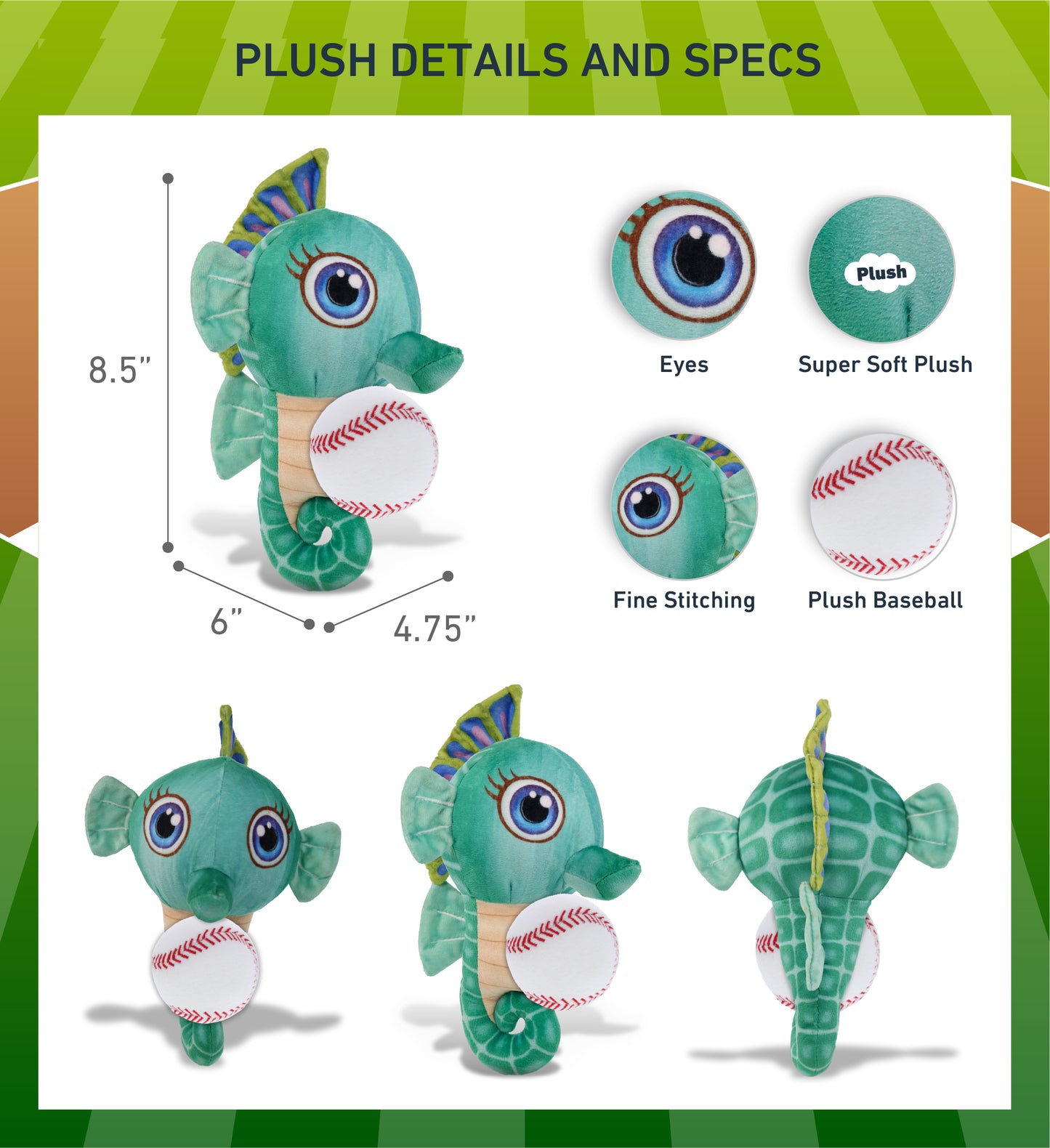 PLUSH BUDDIES - GREEN SEAHORSE WITH BASEBALL PLUSH