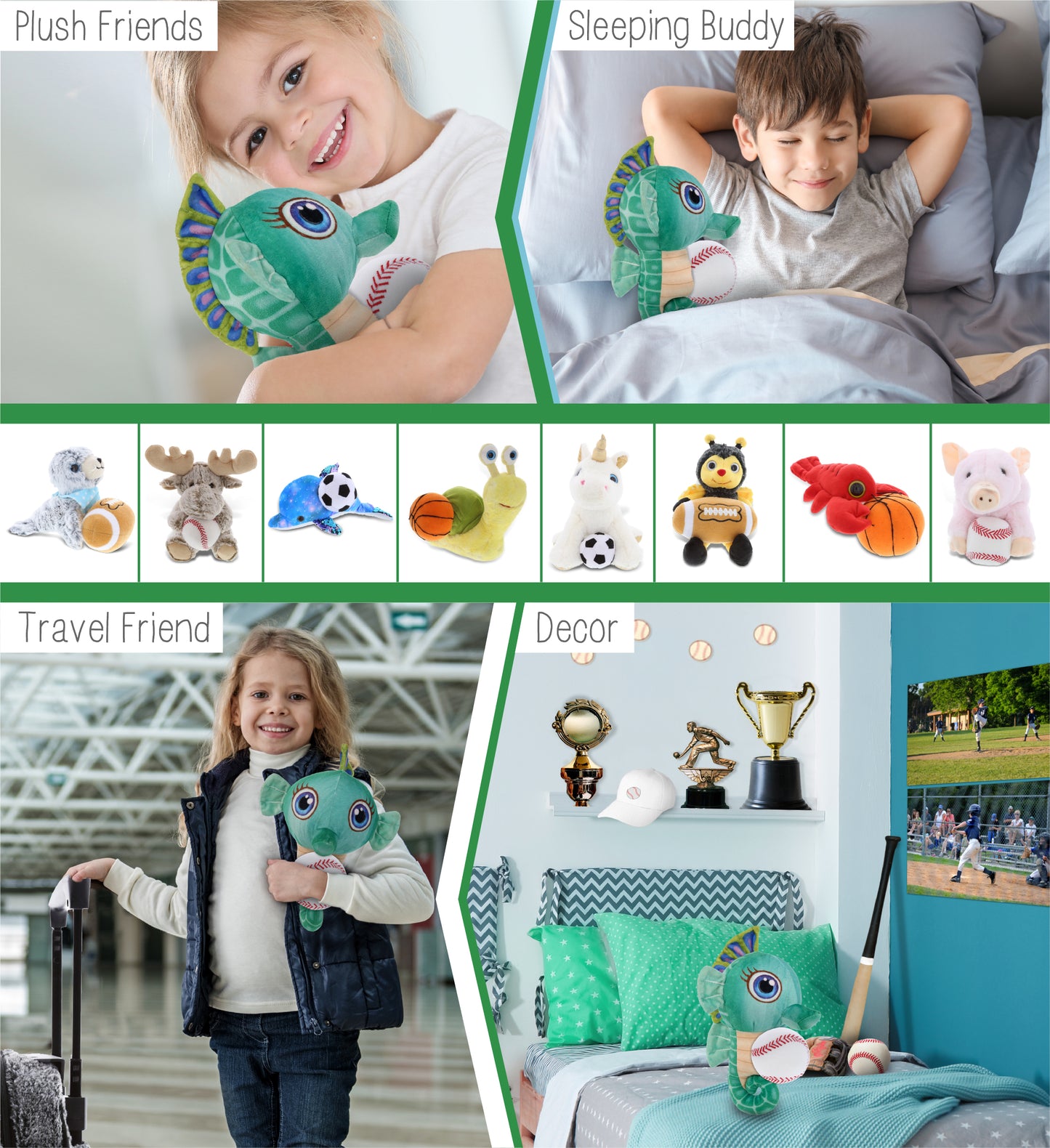 PLUSH BUDDIES - GREEN SEAHORSE WITH BASEBALL PLUSH