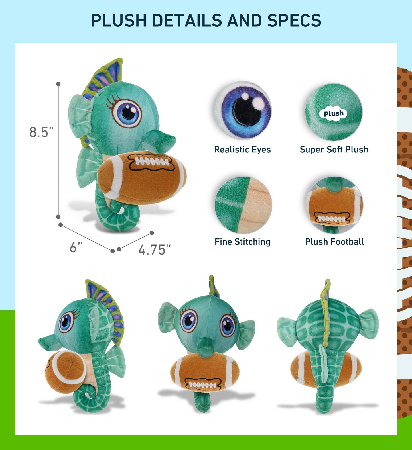 PLUSH BUDDIES - GREEN SEAHORSE WITH FOOTBALL PLUSH