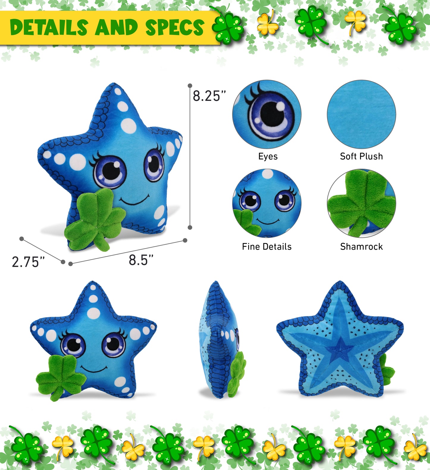 DolliBu Blue Starfish Stuffed Animal with Green Plush Shamrock - 8.5 Inches