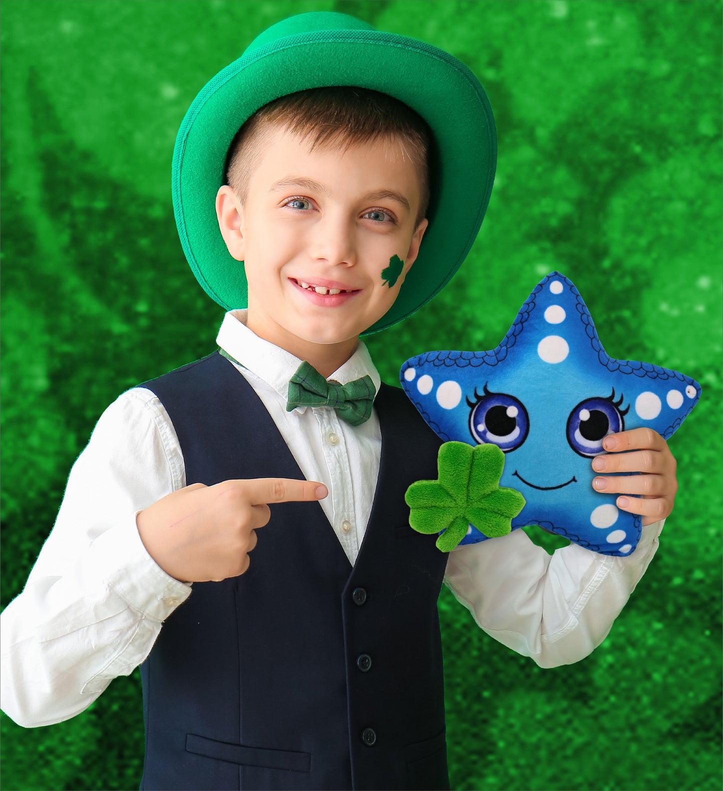 DolliBu Blue Starfish Stuffed Animal with Green Plush Shamrock - 8.5 Inches