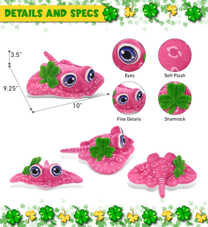 DolliBu Pink Stingray Stuffed Animal with Green Plush Shamrock - 10 Inches