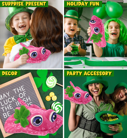 DolliBu Pink Stingray Stuffed Animal with Green Plush Shamrock - 10 Inches