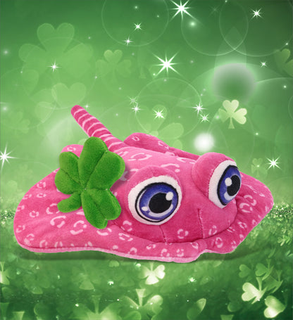 DolliBu Pink Stingray Stuffed Animal with Green Plush Shamrock - 10 Inches
